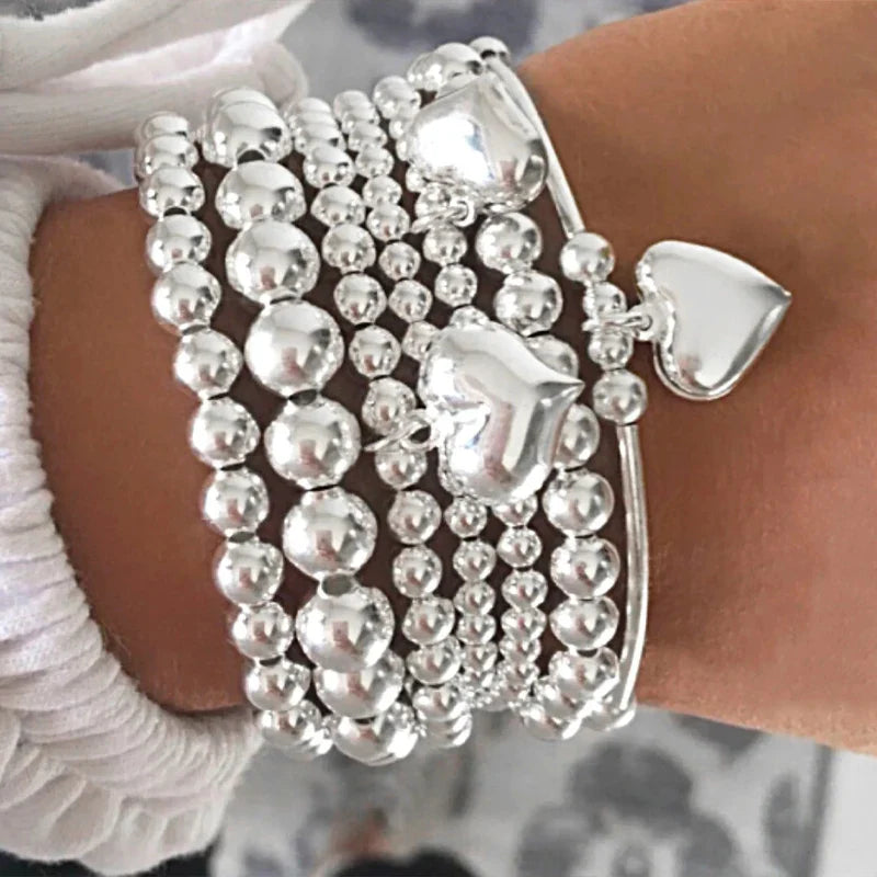 7Pcs/Set Chic Heart Charm Beaded Bracelet Set For Women Vintage Simple Silver Color Exquisite Multi-Layer Bracelets Jewelry Gift