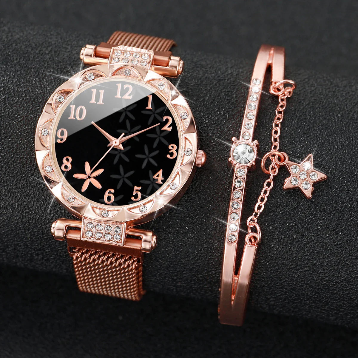 2PCS Fashion Women's Watches Set Magnet Buckle Mesh Strap Analog Quartz Watch Star Bracelet Set Reloj Mujer