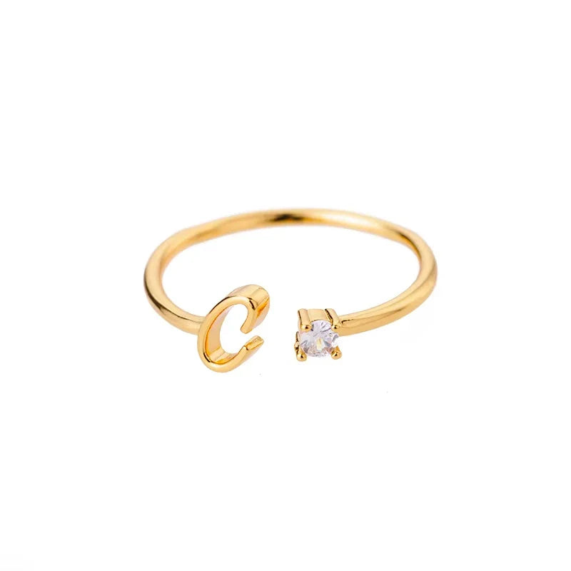 A-Z Initial Letter Open Rings for Women Stainless Steel Gold Color Zircon Adjustable Ring Trendy Couple Wedding Jewelry Gift