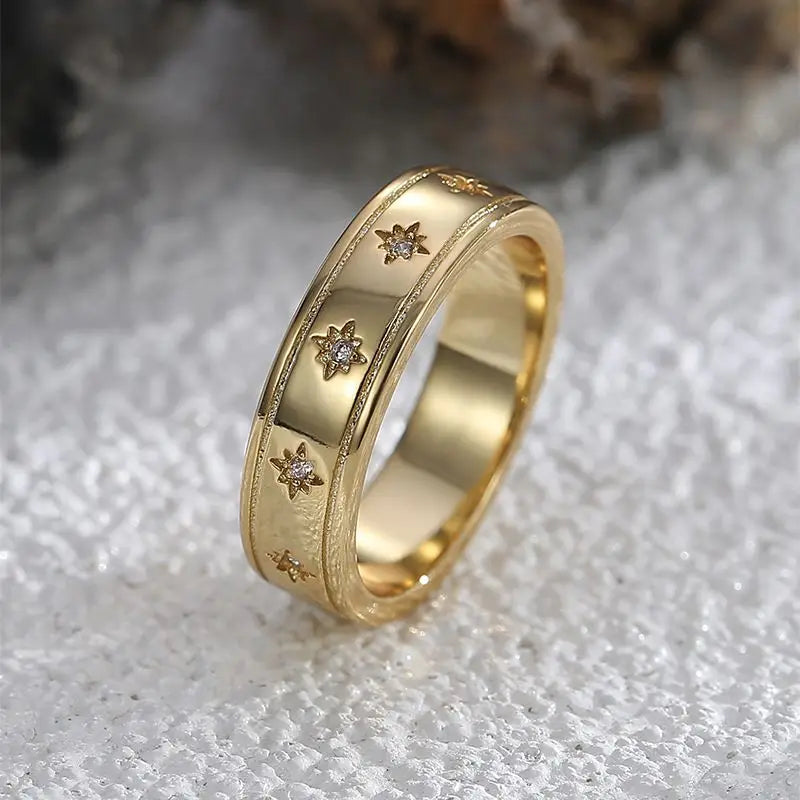 925 Sterling Silve Star Chunky Ring For Women Vintage Trendy Gold Color Zirconia Finger Rings Punk Accessories Jewelry Gift