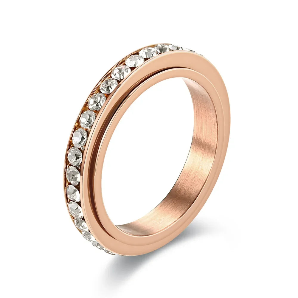 4MM Stainless Steel Spinner Finger Rings For Women Crystal Rotatable Wedding Ring Men Fashion Anniversary Party Jewelry