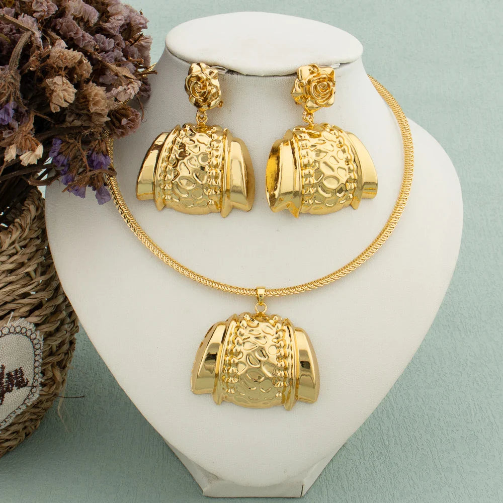 Africa Necklace Earrings Jewelry Set for Women Gold Color Metal Dubai Big Exaggerated Hoop Earrings Punk Jewelry Accessories
