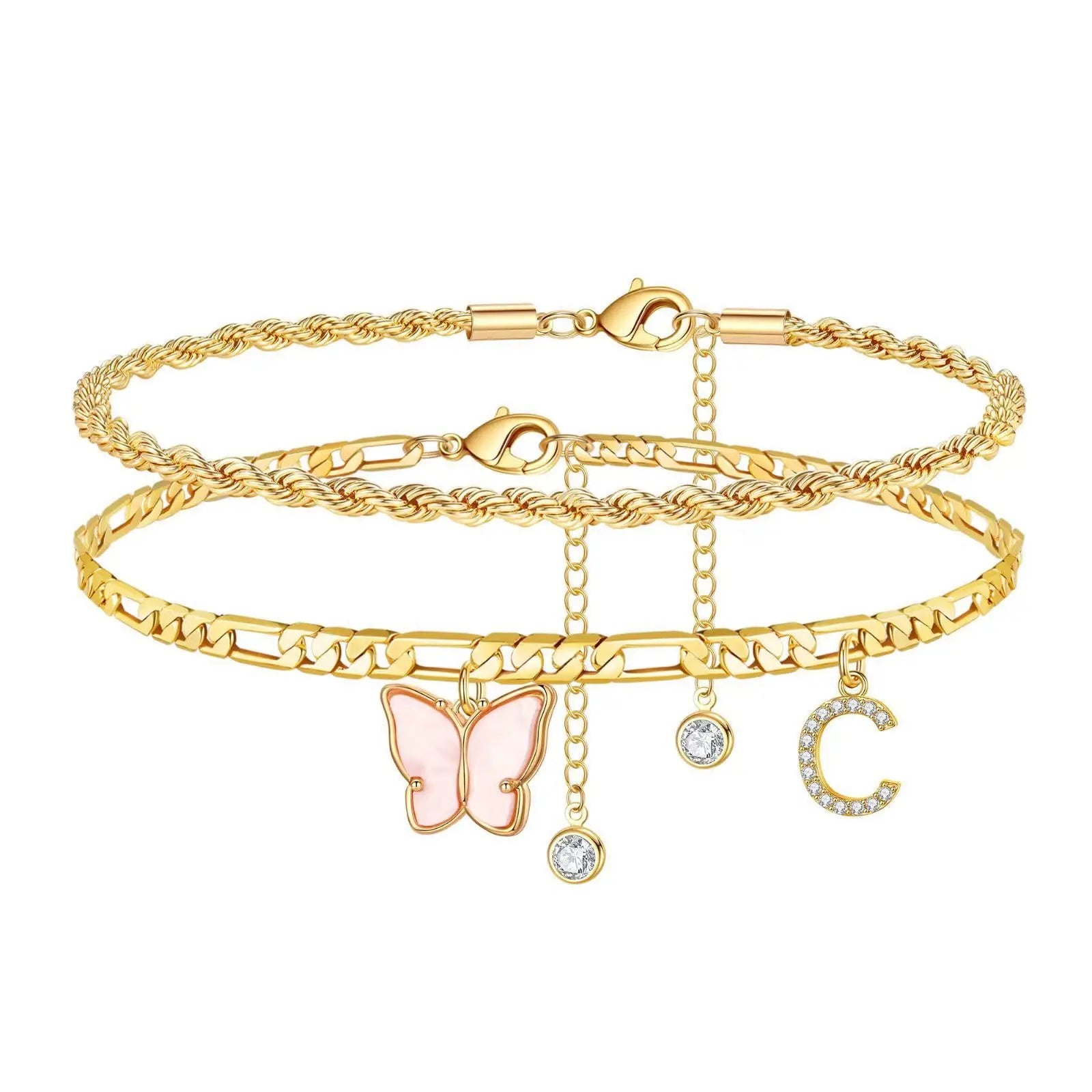 2Pcs Stainless Steel Initial Anklet Set For Women 26 Letter Acrylic Butterfly Charm Chain On Foot Summer Ankle Bracelet Jewelry
