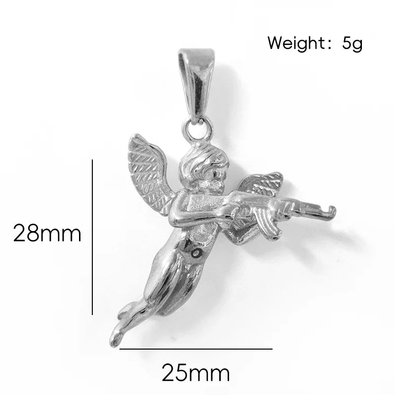 3D Angel with Gun Pendant Necklace for Men - 18K Gold Plated & 316L Steel Rope Chain Hip Hop Gothic Jewelry Gift Cupid's Reveng