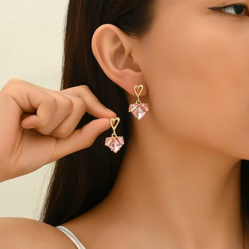 3pcs Trendy Y2k Heart-shaped Zircon Pink Crystal Pendant Earrings Necklaces Set for Women Heart Elegant Exquisite Party Jewelr