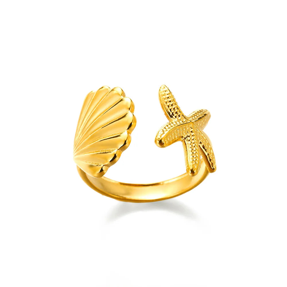 316L Stainless Steel Starfish Shell Rings for Women Gold Color Open Finger Ring Femme Trendy Summer Vacation Ocean Jewelry Gift