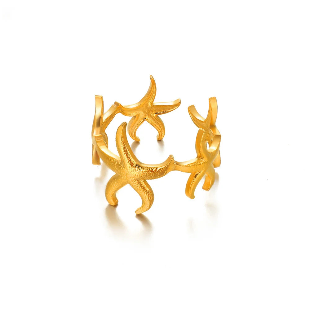 316L Stainless Steel Starfish Shell Rings for Women Gold Color Open Finger Ring Femme Trendy Summer Vacation Ocean Jewelry Gift