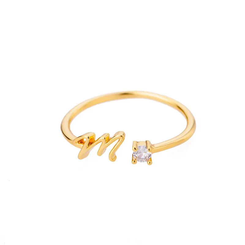 A-Z Initial Letter Open Rings for Women Stainless Steel Gold Color Zircon Adjustable Ring Trendy Couple Wedding Jewelry Gift
