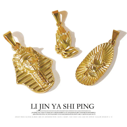 18K Gold Plated Stainless Steel Pendant Vintage Egyptian Pharaoh Portrait Lion Skull & Ghost Hand Charms Trendy Jewelry