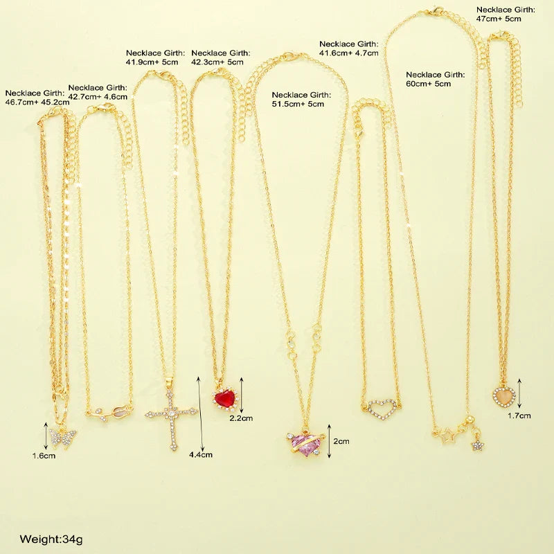 8 Pcs Simple Temperament Necklace Set For Women Elegant Gold Color Crystal Butterfly Cross Rose Heart Star Pendant Necklaces