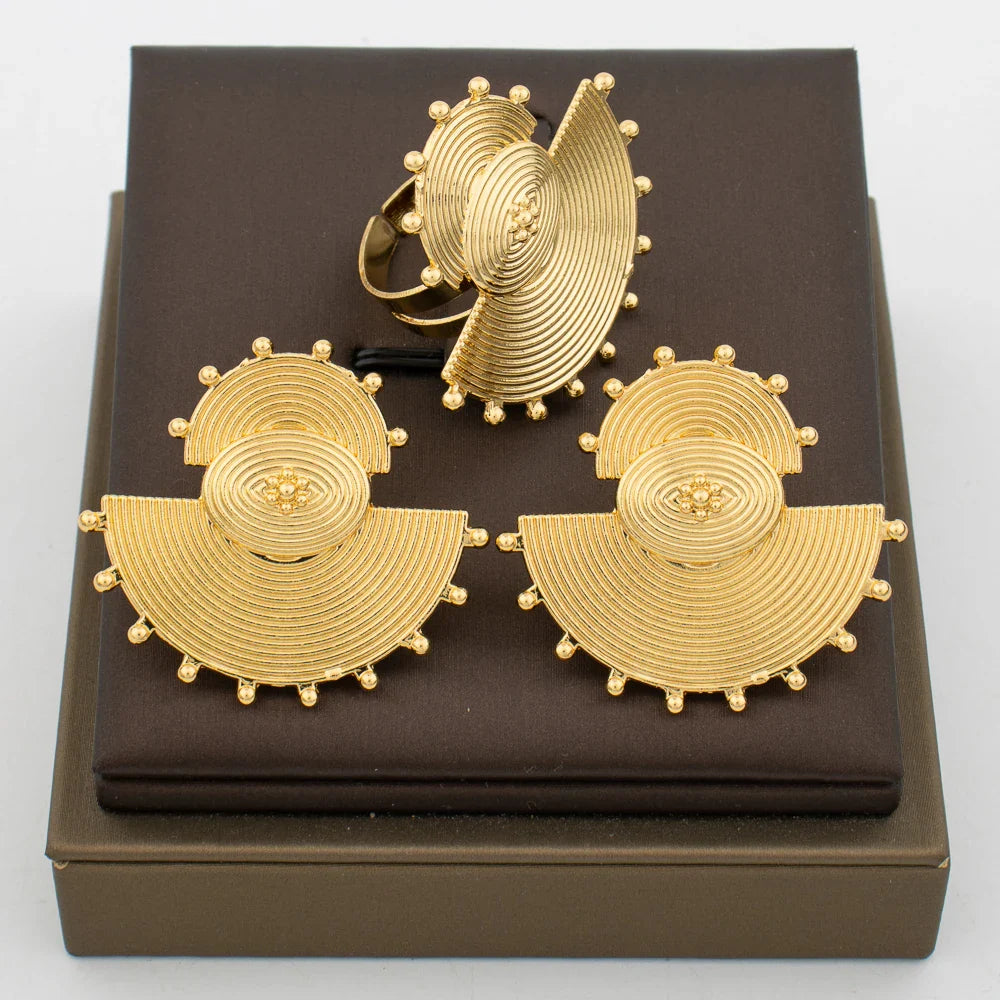 African 18k Gold Color Earrings Ring Jewelry Set for Women Irregular Design Clip Earrings and Finger Ring Set for Weddings Party