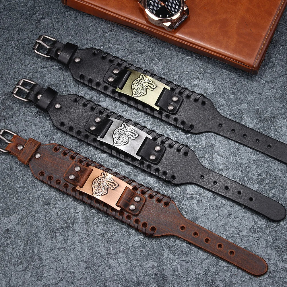 Men's Stylish Viking Themed Leather Wristband Bold Wolf Motif Metal Embellishment Bracelet Punk Rock Parties Jewelry Unique Gift
