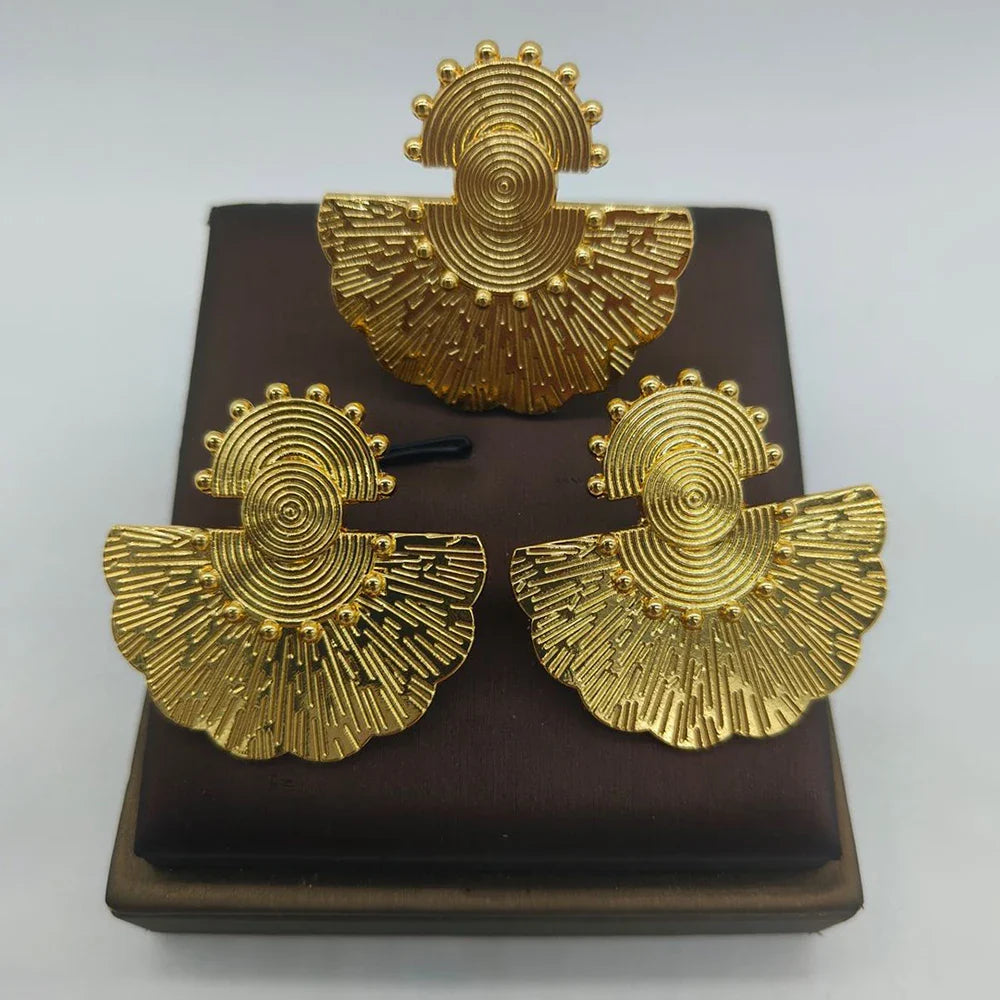 Brazilian Gold Color Earrings Ring Jewelry Set for Party Weddings Bride Clip Earrings and Finger Ring 2Pcs Set Jewelry Accessory