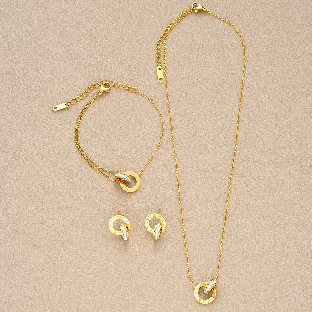 4Pcs/Set Gold Color Stainless Steel Crystal Necklace Bracelet Earrings for Women Interlocking Circles Roman Numbers Jewelry Sets