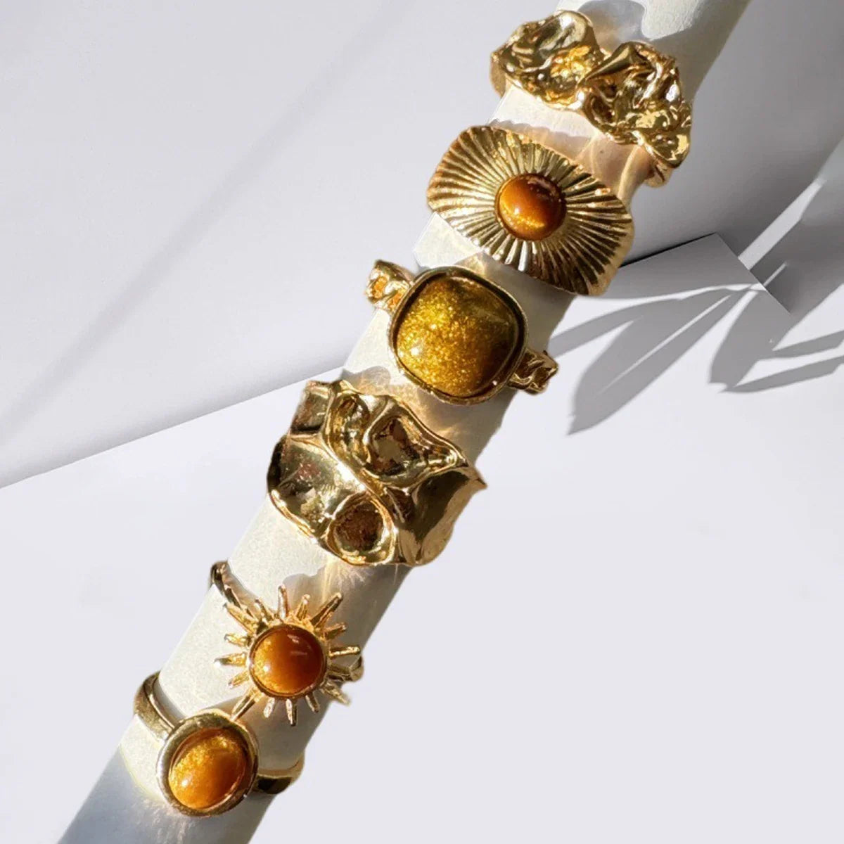 6pcs Sunflower Tiger Eye Stone Ring Set for Women Vintage Irregular Gold Color Aesthetic Open Rings Fashion Party Jewelry Gifts