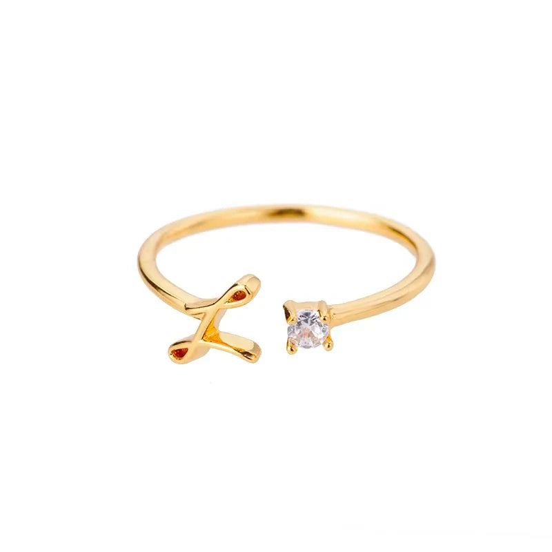 A-Z Initial Letter Open Rings for Women Stainless Steel Gold Color Zircon Adjustable Ring Trendy Couple Wedding Jewelry Gift