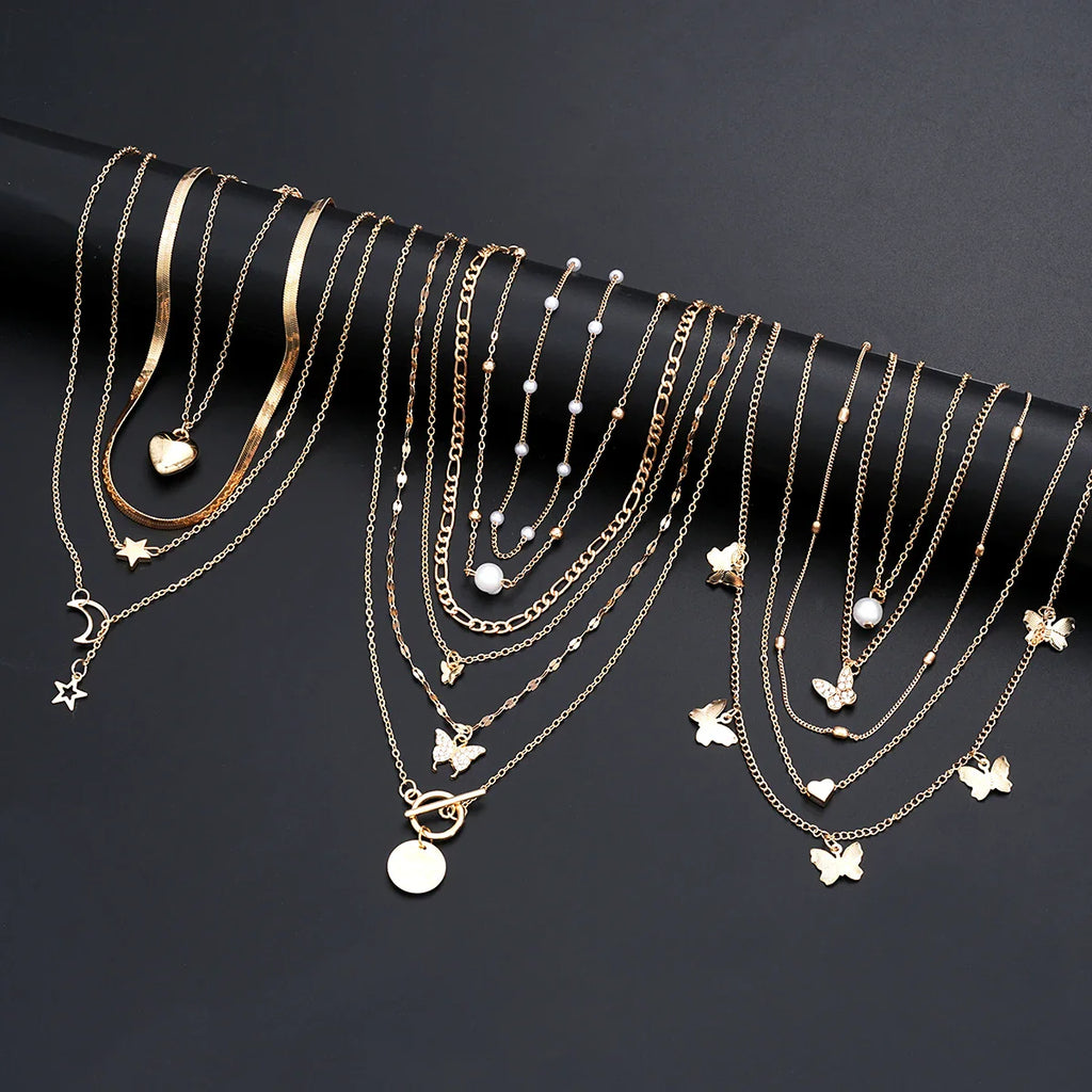 Simple Stackable Necklaces Set for Women Fashion Butterfly Heart Star Pearl Moon Pendant Necklaces Boho Jewelry Gifts 2025