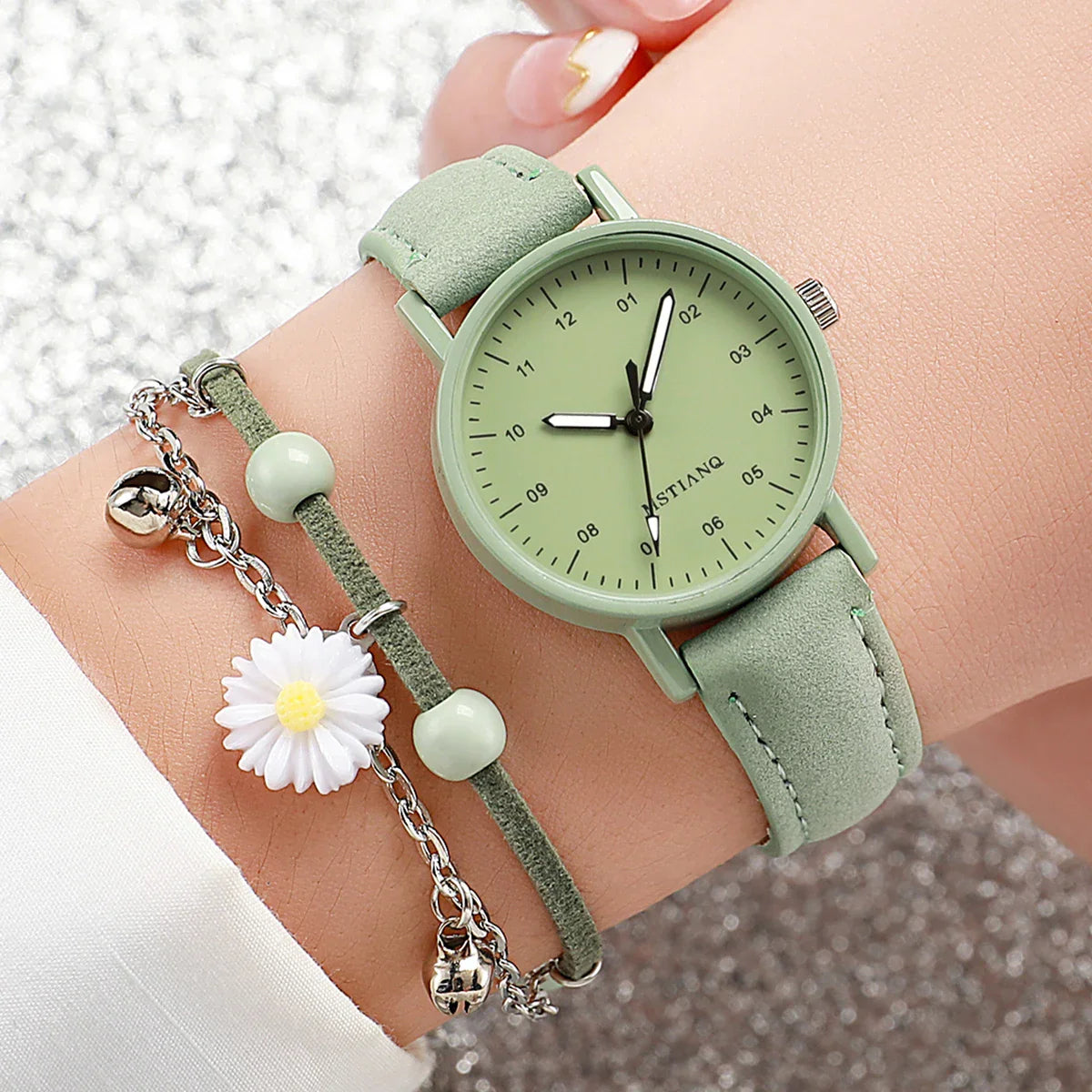 2PCS/Set Fashion Women Watches Bracelet Set Simple Arabic Dial Leather Strap Quartz Watches Reloj Mujer Girls Clock Gift
