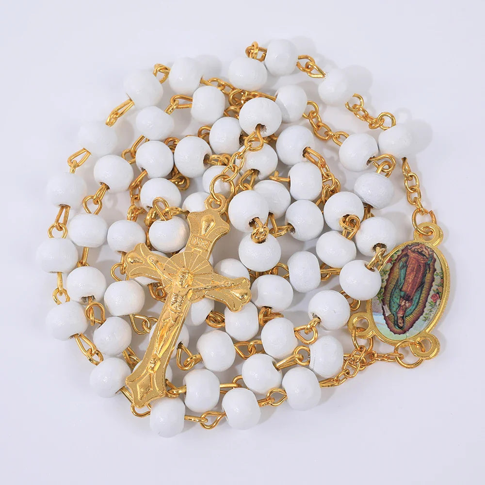 Blue Rosary Necklace For Women Men 6MM Wooden Prayer Beads Long Chain Religious Virgin Mary Cross Pendant Men Party Jewelry Gift