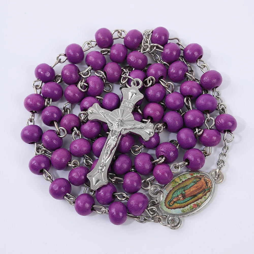 Blue Rosary Necklace For Women Men 6MM Wooden Prayer Beads Long Chain Religious Virgin Mary Cross Pendant Men Party Jewelry Gift