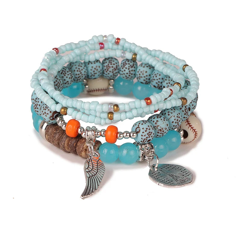 Boho Tree Of Life Bracelet Set For Women Fashion Tassels Charm Wooden Beads Elastic Chain Bangle Girl Trendy Party Jewelry