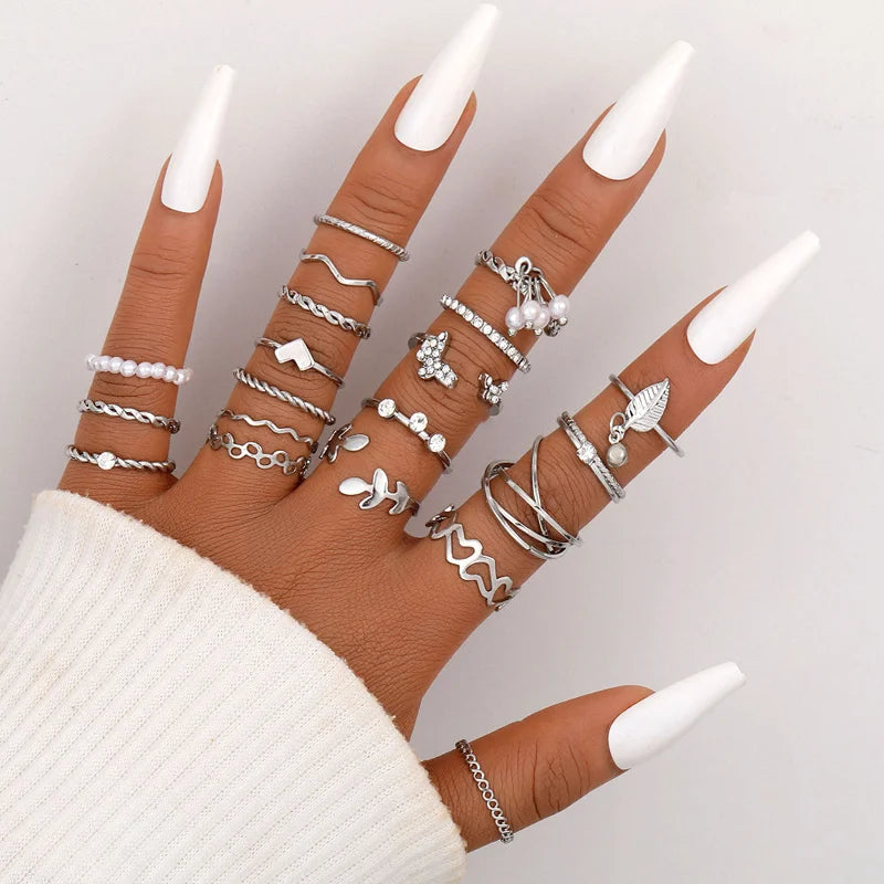 58 Pcs/Set Gold Color Rings Set For Women Men Vintage Hollow Butterfly Pearl Heart Crystal Geometric Rings Trendy Finger Jewelry