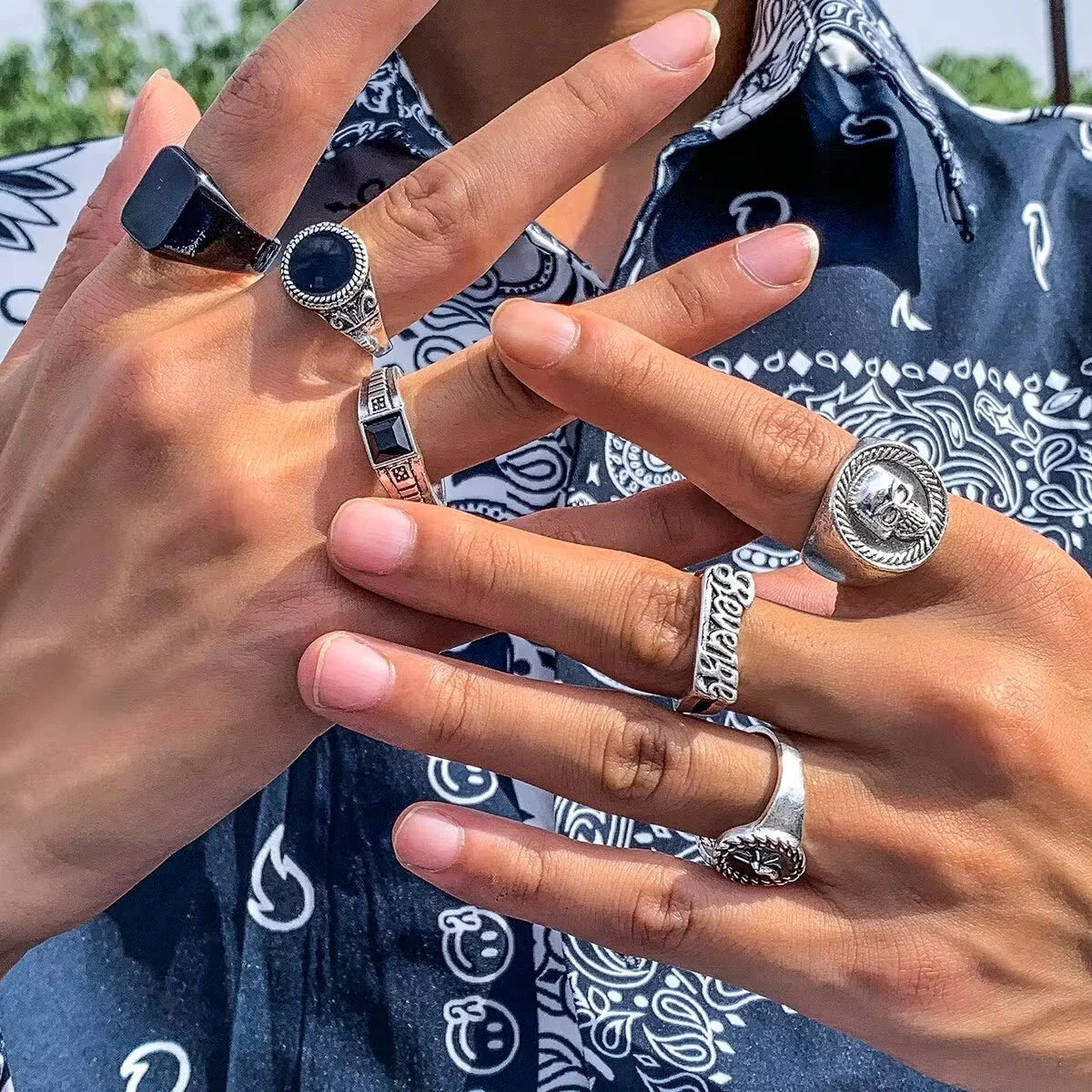 5Pcs/Set Goth Totem Horse Flame Antique Silver Color Rings for Men Unisex Punk Carved Knuckle Male Jewelry Accessories Steampunk