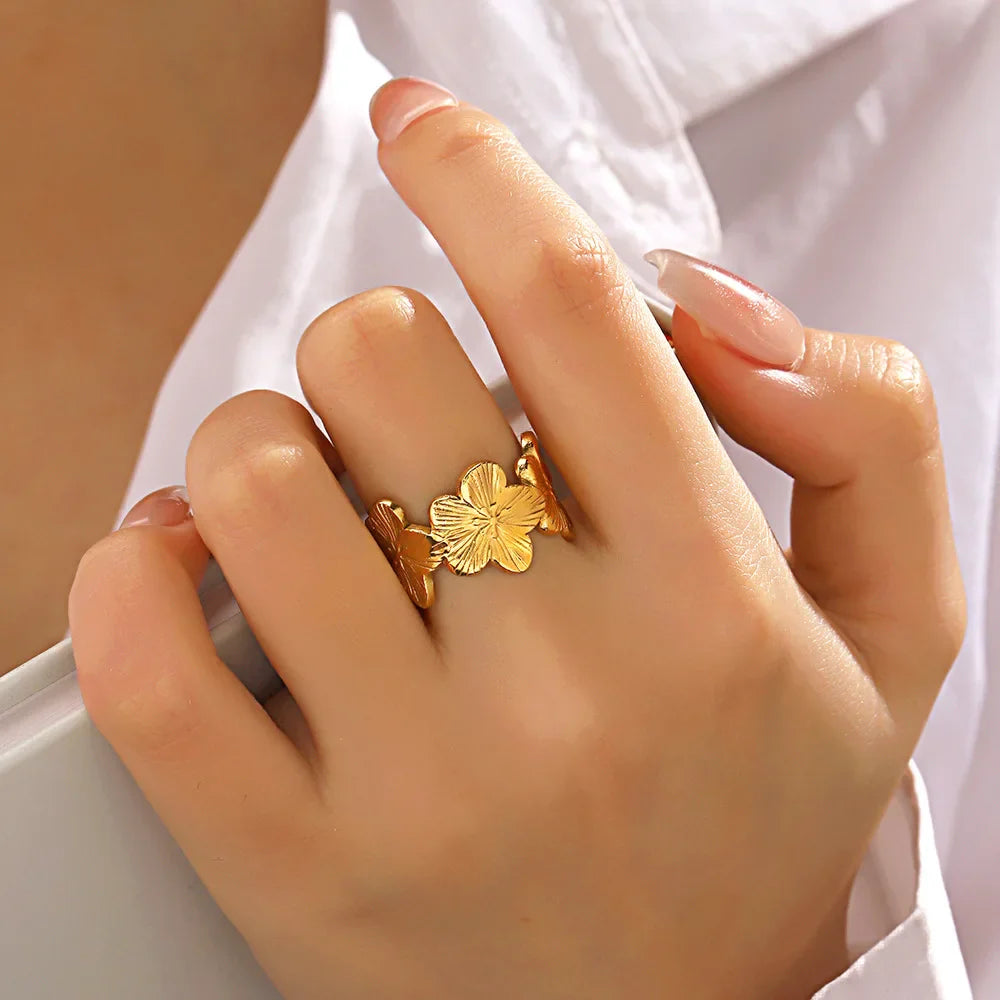 Stainless Steel Flower Adjustable Opening Rings 18k Gold PVD Plated Waterproof Finger Jewelry For Women Wedding Exquisite Gifts