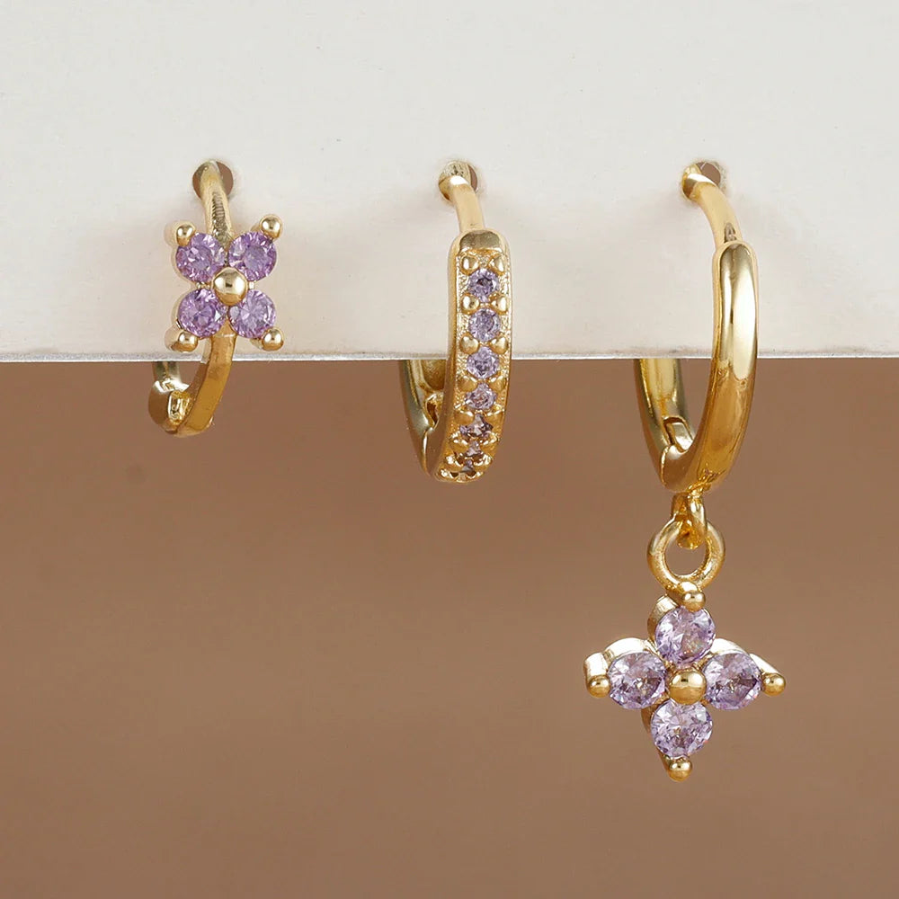 3PCS Trendy Stainless Steel Flower Drop Earring Set For Women Crystal Zirconia Dangle Earring Hypoallerg Piercing Jewelry aretes