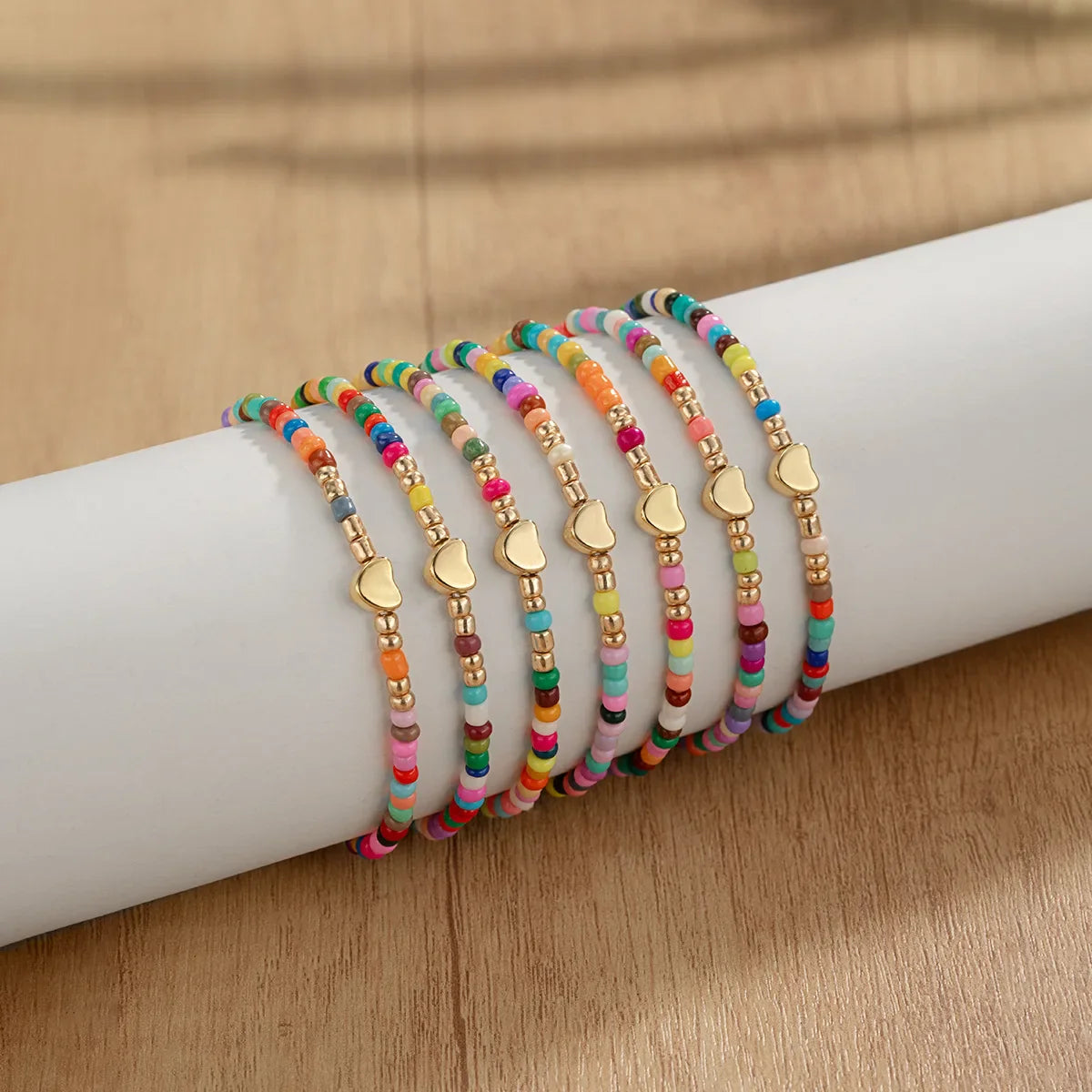 7Pcs Colorful Rice Beads Bracelet Set For Women Fashion Heart Charm Elastic Beaded Chain Bangle Female Trendy Jewelry Gift