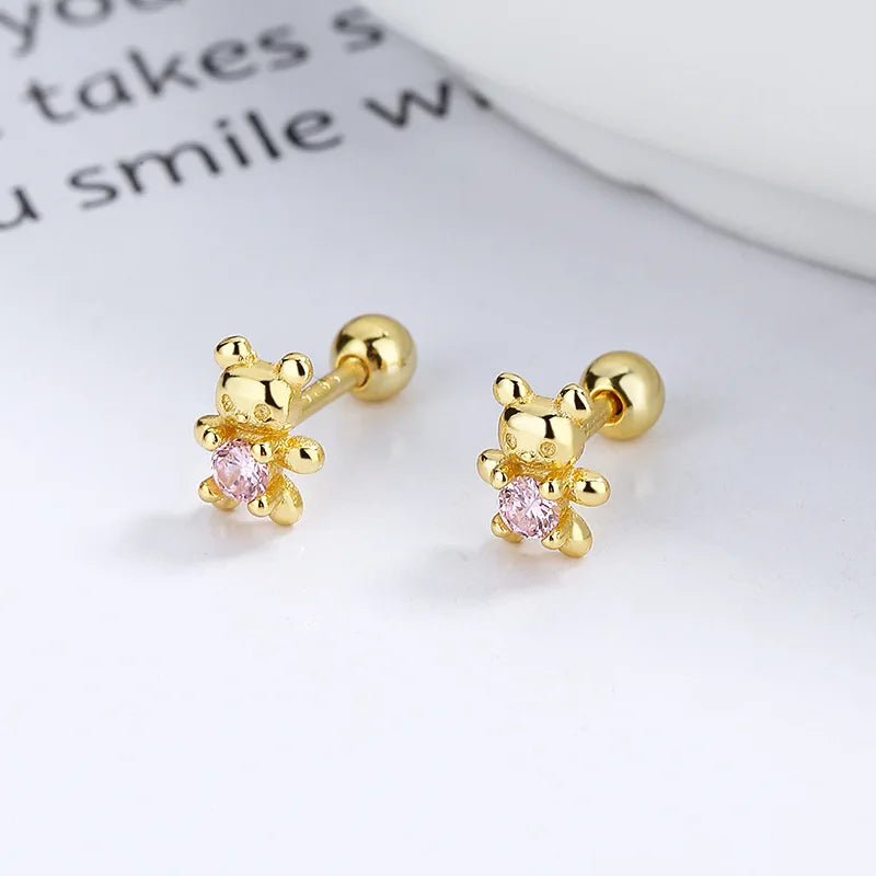 925 Sterling Silver Adorable Bear Ear Studs Screw-On Ear Plugs Stylish Ear Jewelry Exquisite Gift
