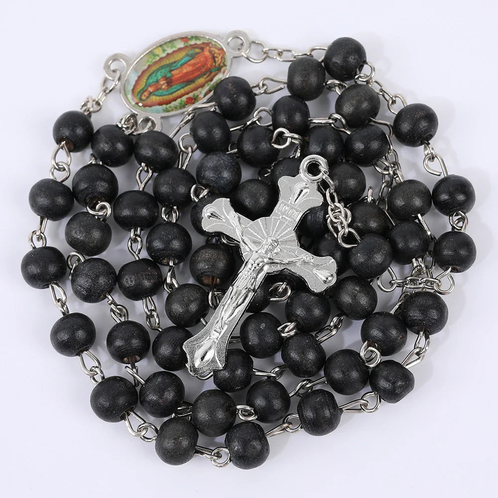 Blue Rosary Necklace For Women Men 6MM Wooden Prayer Beads Long Chain Religious Virgin Mary Cross Pendant Men Party Jewelry Gift
