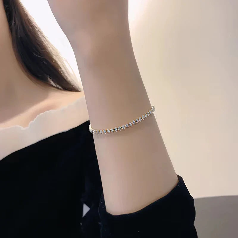 Luxury Roman Crystal Geometric Chain Bracelets for Women Trendy Goth Full Rhinestone Marquise Charm Tennis Bracelet Wed Jewelry
