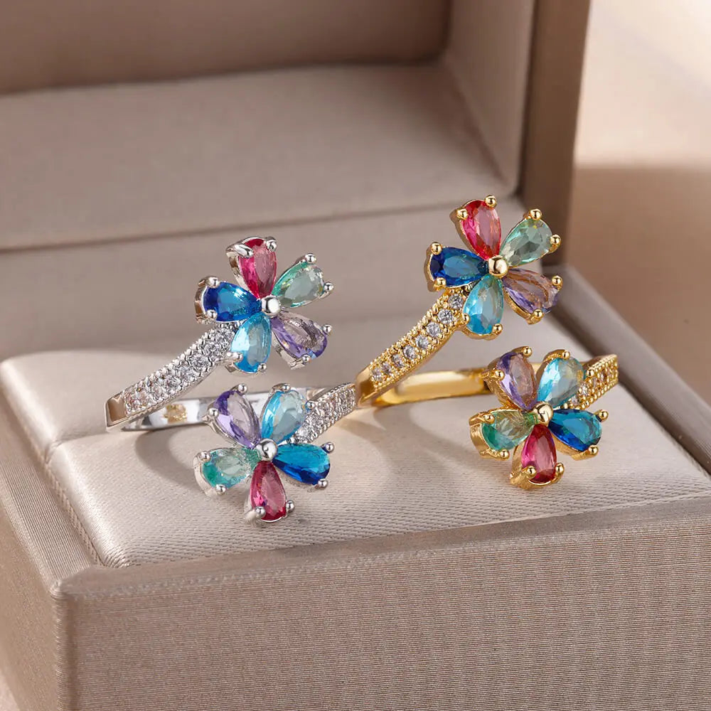 Colored Zircon Double Flower Rings For Women Gold Plated Stainless Steel Flower Opening Ring Wedding Aesthetic Jewelry Gift 2023