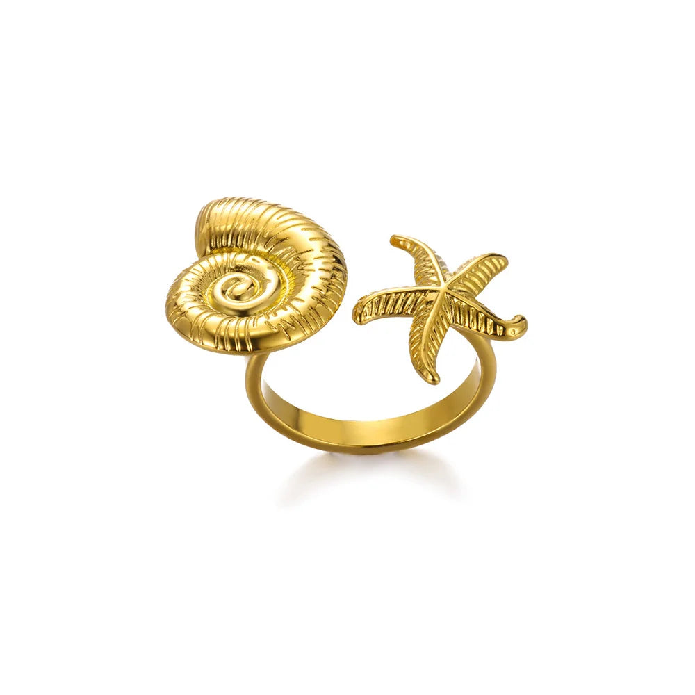 316L Stainless Steel Starfish Shell Rings for Women Gold Color Open Finger Ring Femme Trendy Summer Vacation Ocean Jewelry Gift