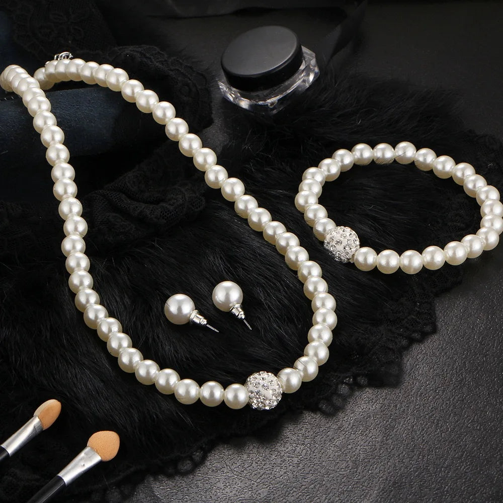 3 PCS Imitation Pearl Fireball Necklace Bracelet Earring Stud Jewelry Set Silver Color Crystal Stone Elegant Bridal Jewelry Gift