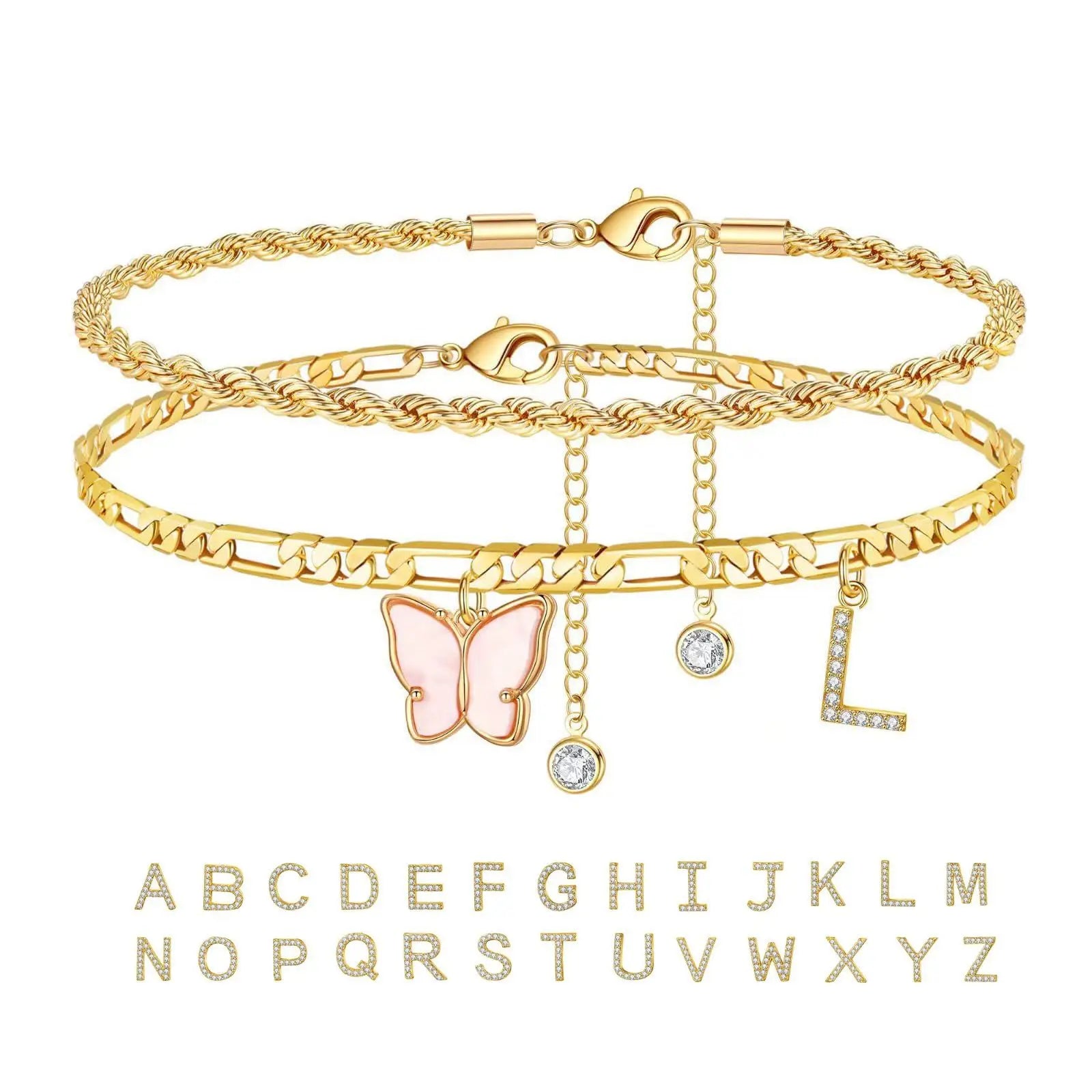 2Pcs Stainless Steel Initial Anklet Set For Women 26 Letter Acrylic Butterfly Charm Chain On Foot Summer Ankle Bracelet Jewelry