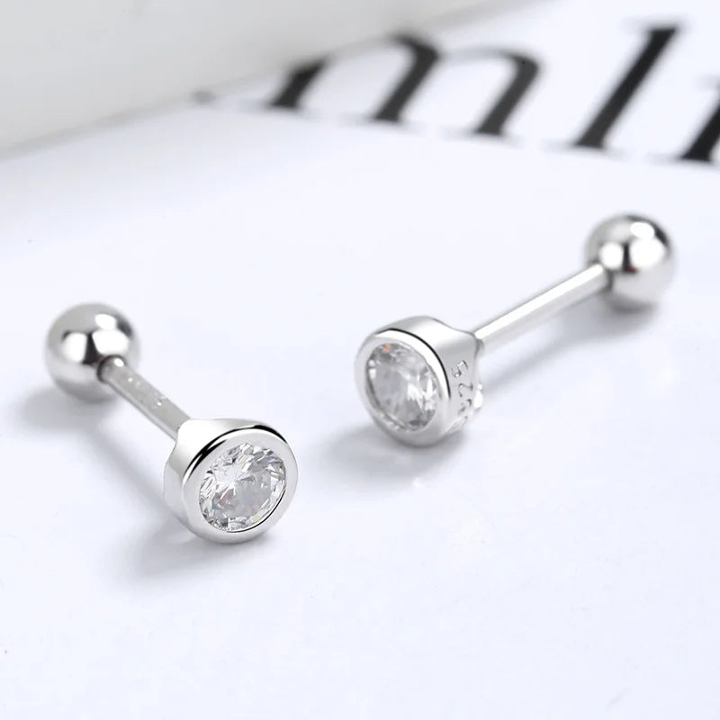 925 sterling silver zircon round bead threaded stud earrings, women's screw twist-off stud earrings, simple and fashion