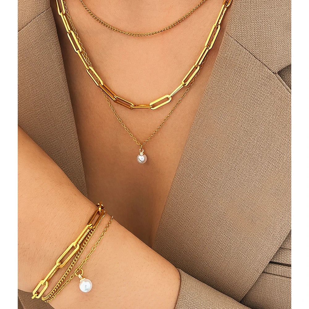 Aomogo Stainless Steel Jewelry Set Delicate Pearl Pendant Jewelry Set Luxury Multi-Layer Chain Jewelry Set For Women Jewelry