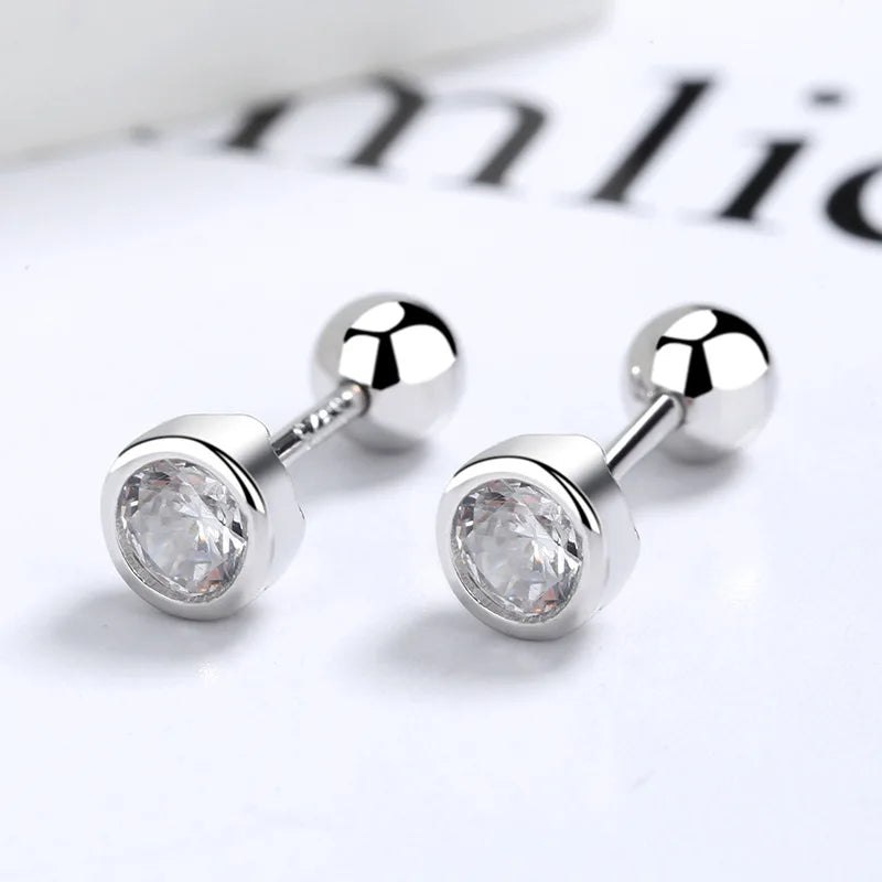 925 sterling silver zircon round bead threaded stud earrings, women's screw twist-off stud earrings, simple and fashion