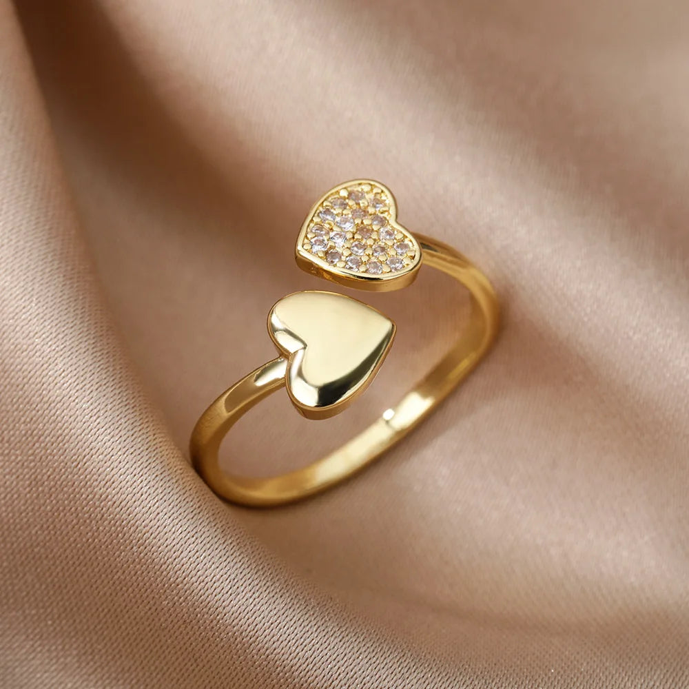 Zircon Heart Rings For Women Stainless Steel Gold Color Geometric Open Finger Ring Fashion Wedding Aesthetic Jewelry Gift