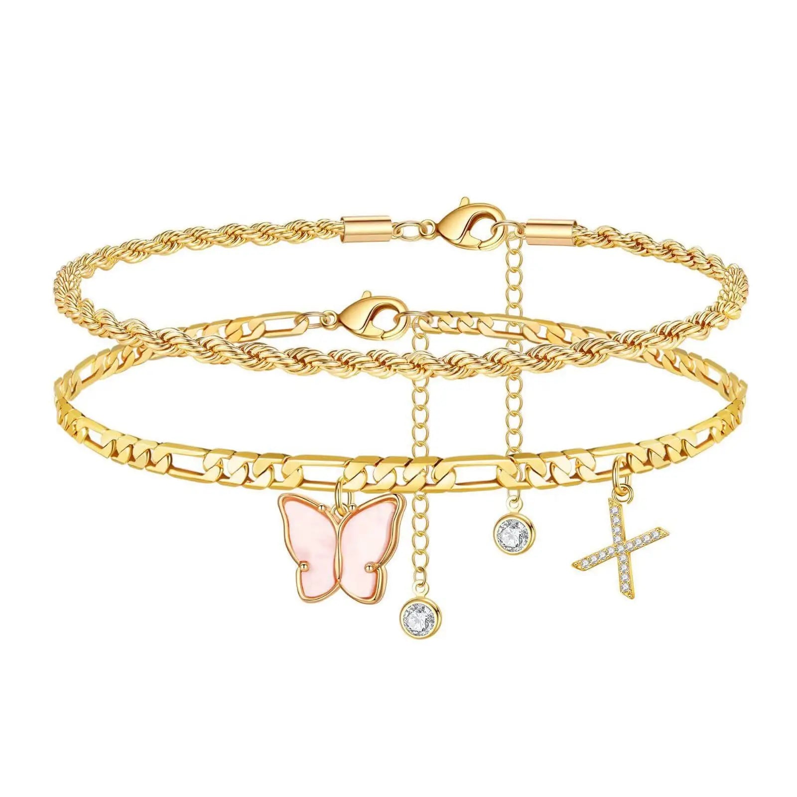 2Pcs Stainless Steel Initial Anklet Set For Women 26 Letter Acrylic Butterfly Charm Chain On Foot Summer Ankle Bracelet Jewelry