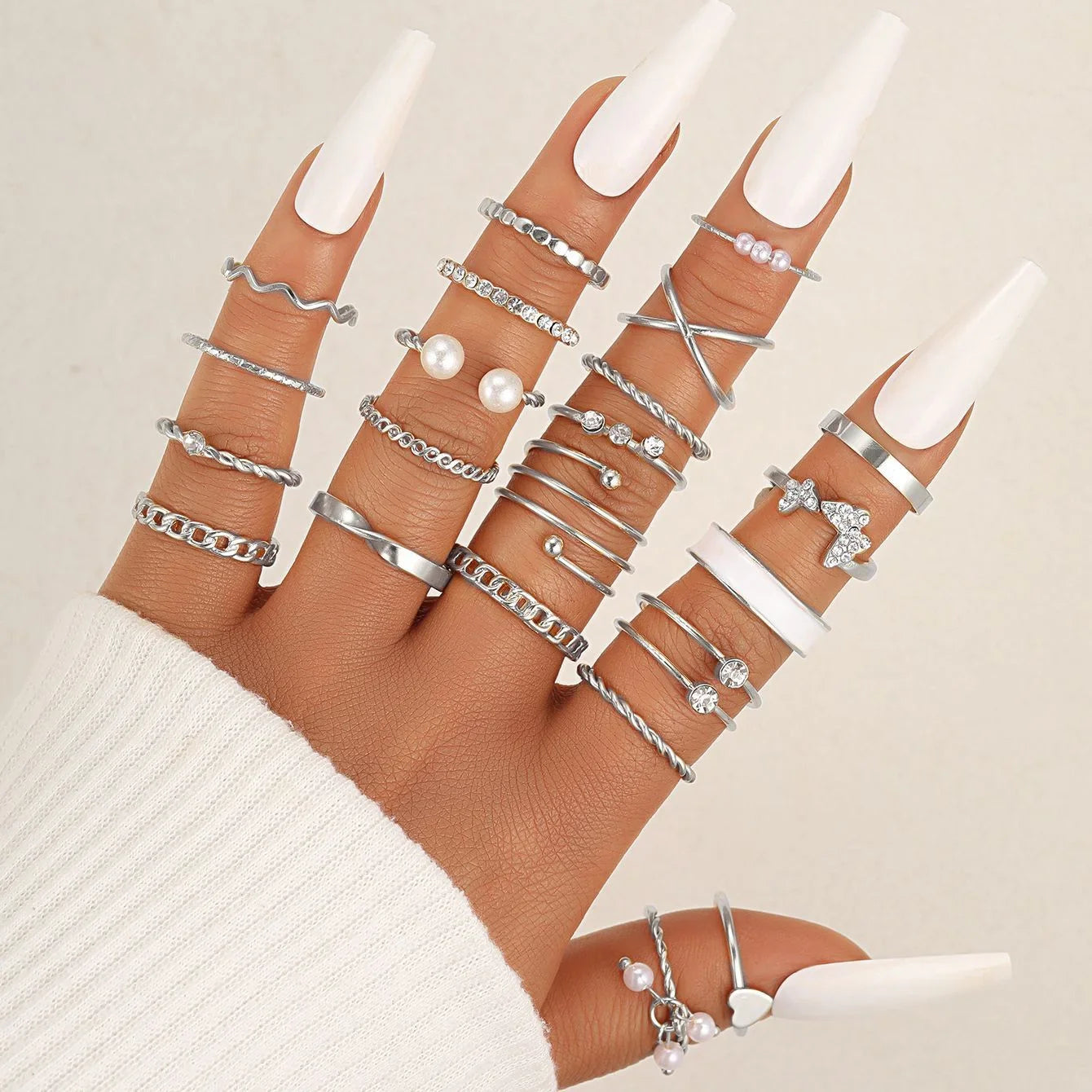 30 PCS Silver Color Geometric Ring Set For Women Vintage Heart Eye Cross Sun And Moon Leaf Charm Finger Ring Female Boho Jewelry