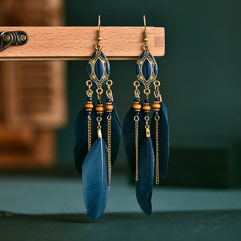Bohemian Ethnic Feather Earrings For Women Long Tassel Beads Handmade Drop Dangle Earrings Girl Fashion Wedding Jewelry Gift