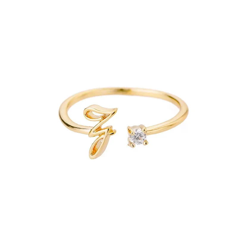 A-Z Initial Letter Open Rings for Women Stainless Steel Gold Color Zircon Adjustable Ring Trendy Couple Wedding Jewelry Gift