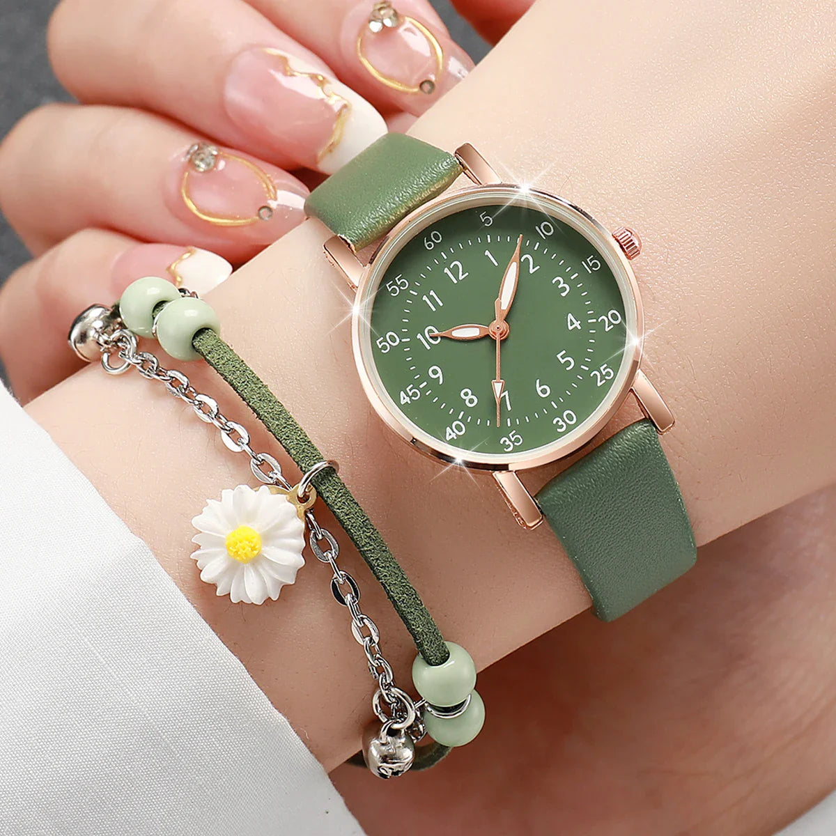 2PCS/Set Fashion Women Watches Bracelet Set Simple Arabic Dial Leather Strap Quartz Watches Reloj Mujer Girls Clock Gift