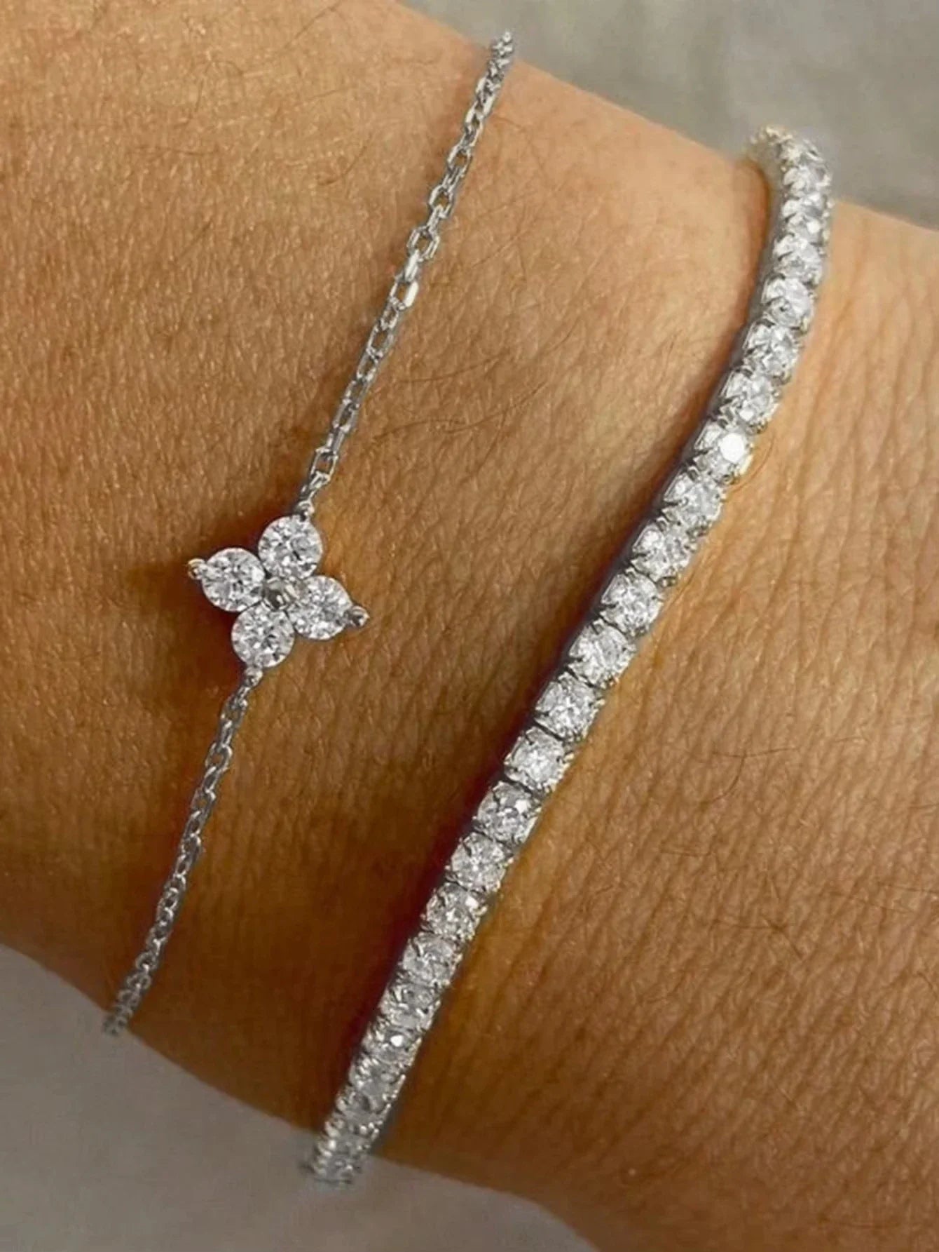 2pcs Simple Cubic Zirconia Flower Water Chain Women's Bracelet Set Daily Minimalist Silver Color Bracelet Party Fashion Jewelry