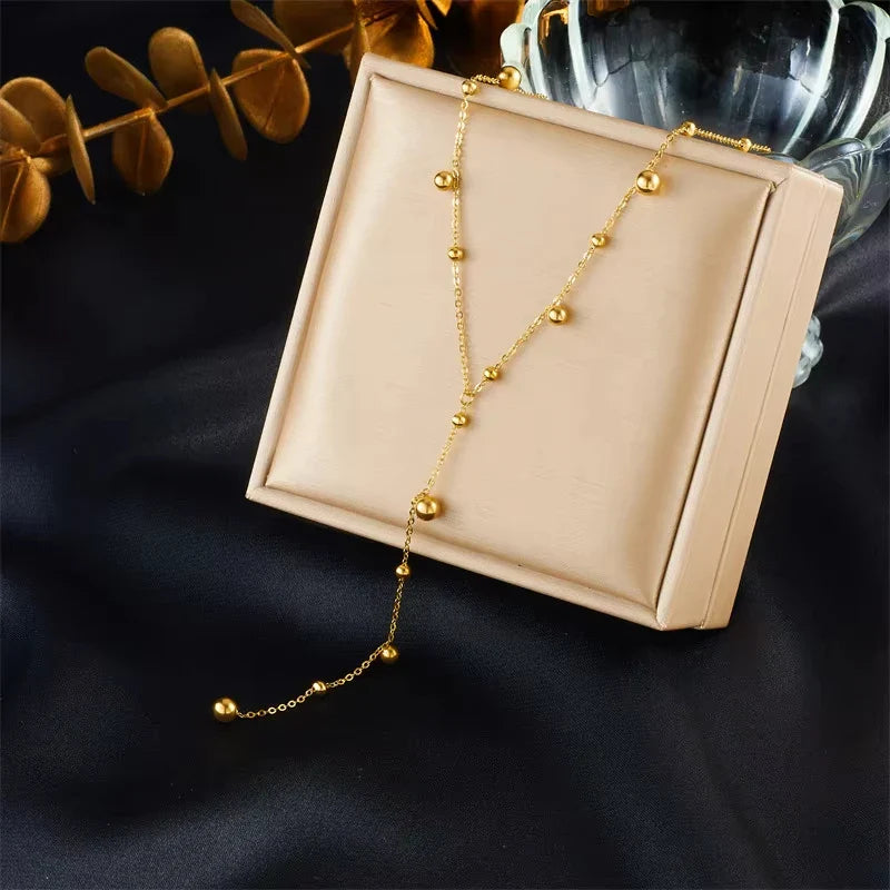 316L Stainless Steel Gold Color Beads Long Pendant Necklace For Women Fashion Choker Clavicle Chain Jewelry Gift Wedding