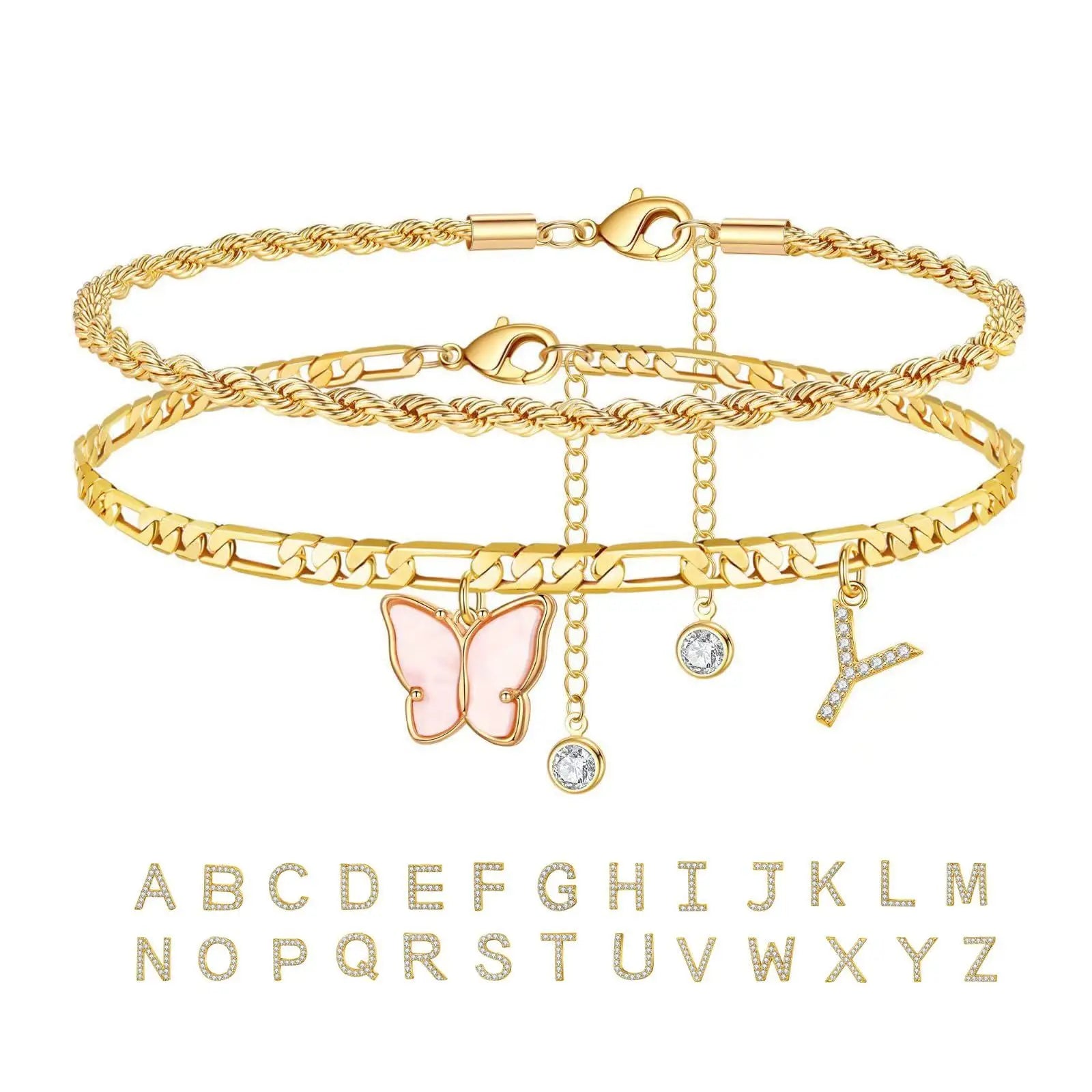 2Pcs Stainless Steel Initial Anklet Set For Women 26 Letter Acrylic Butterfly Charm Chain On Foot Summer Ankle Bracelet Jewelry