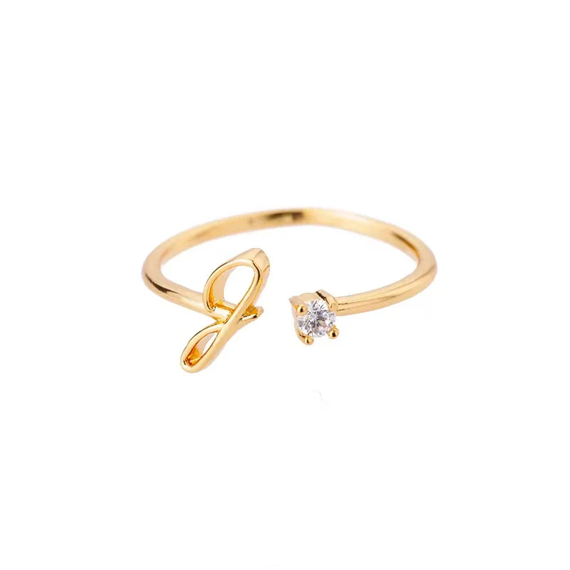 A-Z Initial Letter Open Rings for Women Stainless Steel Gold Color Zircon Adjustable Ring Trendy Couple Wedding Jewelry Gift